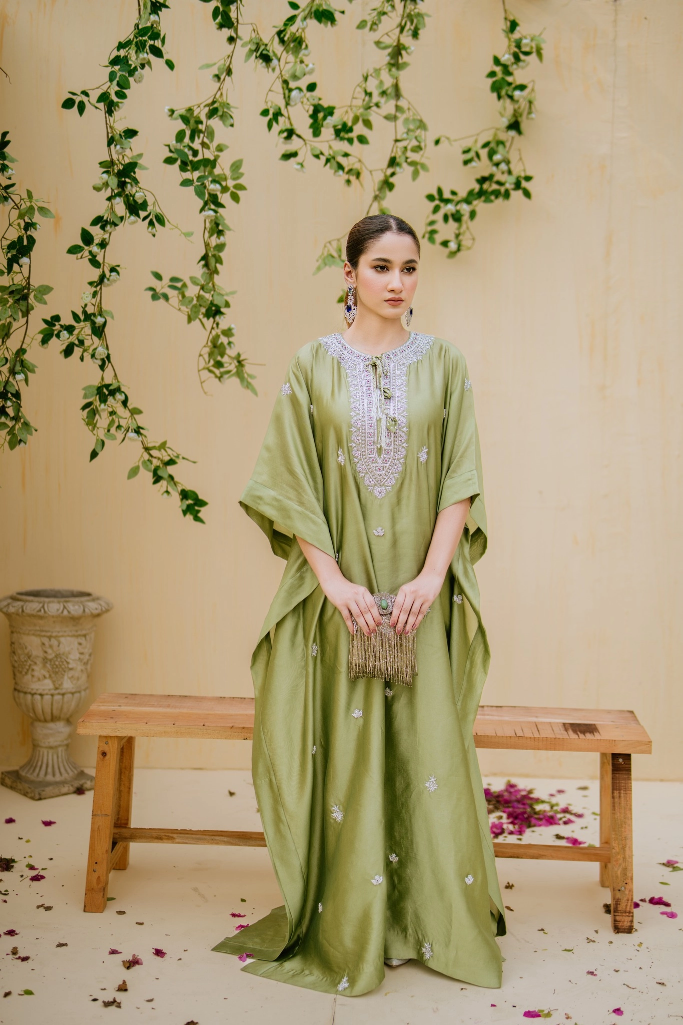 Sage Green Embroidered Silk Kaftan